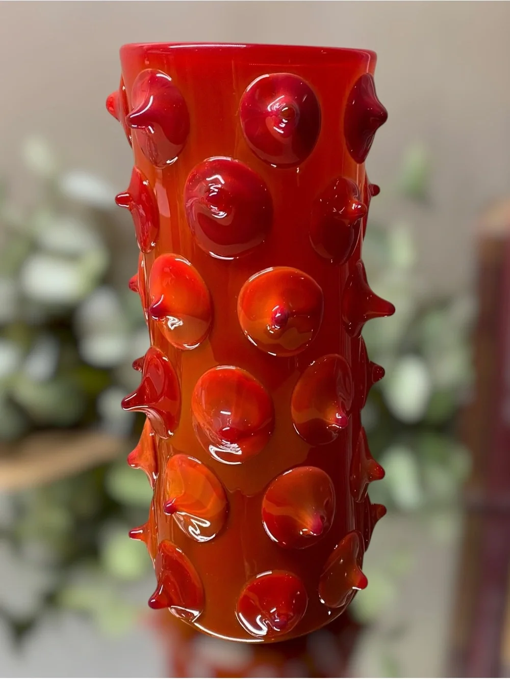 Vintage Large Applied Art Glass Vase Chunky 10 5/8” Tall Red Amberina Hand Blown